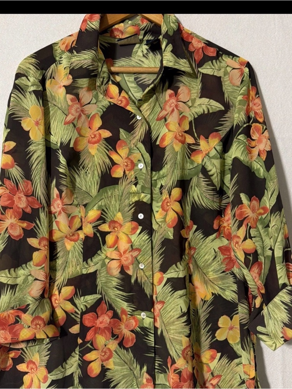 : Vintage Laura Scott Floral Tropical Button Down Blouse 3/4 Cuff Sleeve chiffon